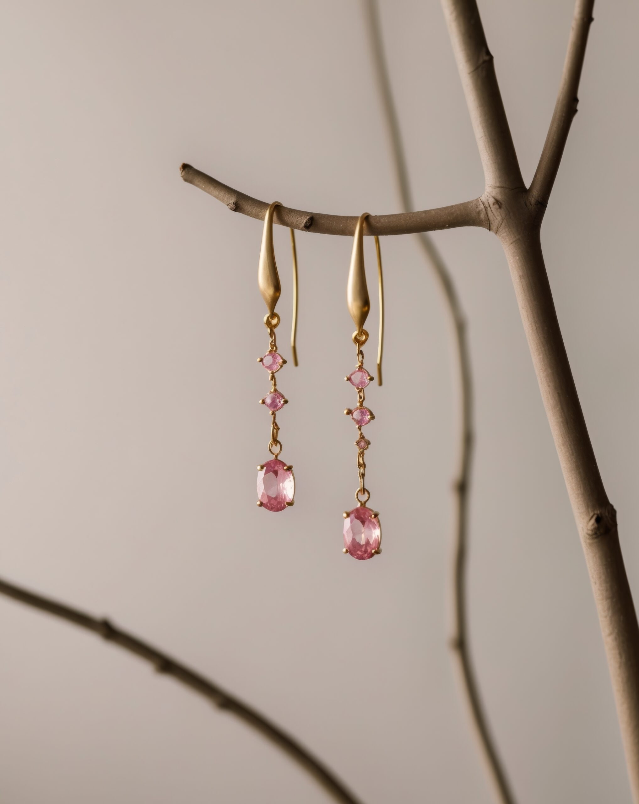Elegant gold earrings with pink gemstones hanging from branches.